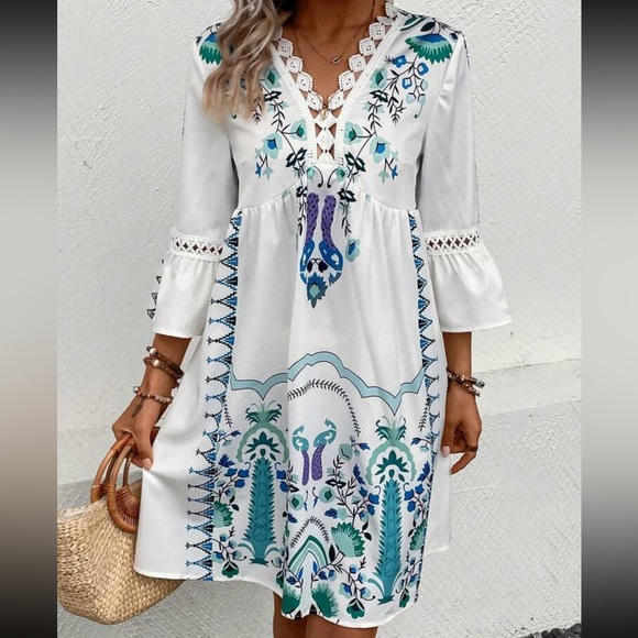 Boho Floral Peacock Print Guipure Crochet Lace Flounce Sleeve Dress White - Picture 5 of 6
